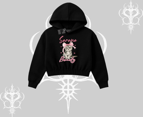 Serene Beauty Kedi Baskılı Kapşonlu Crop Sweatshirt