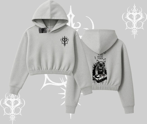 DJ Kedi Baskılı Müzik Temalı Kapşonlu Crop Sweatshirt