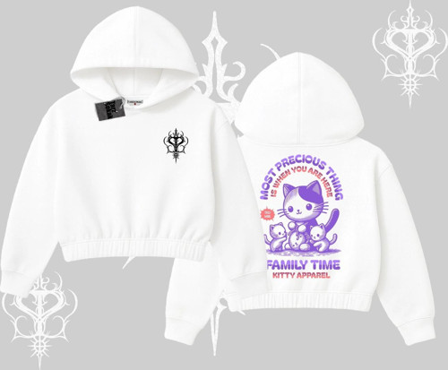 Family Time Yazılı Sevimli Anne Kedi Arka Baskılı Kapşonlu Crop Sweatshirt