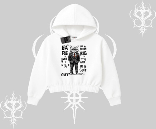 Dream Big Yazılı Takım Elbiseli Kedi Baskılı Kapşonlu Crop Sweatshirt