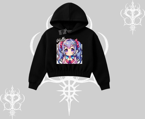 Kapşonlu Crop Sweatshirt Hello Anime Kız Sevimli Karakter Baskılı