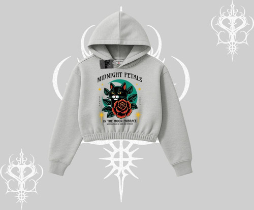 Midnight Petals Kedi Baskılı Kapşonlu Crop Sweatshirt