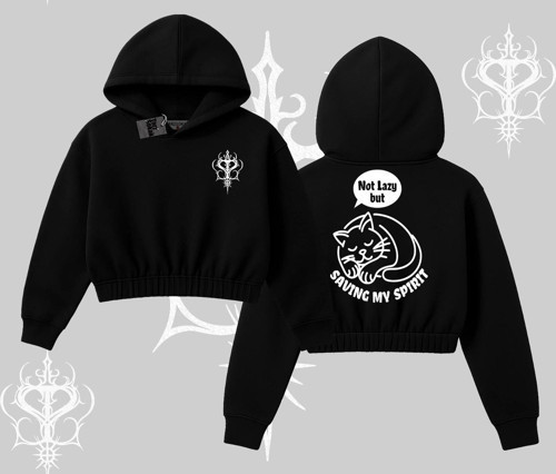 Not Lazy Saving My Spirit Kedi Baskılı Kapşonlu Crop Sweatshirt
