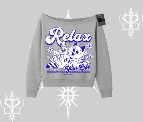 Relax Kedi Baskılı Kayık Yaka Sweatshirt