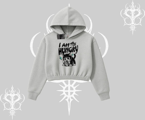 Am Hungry Kedi Baskılı Kapşonlu Crop Sweatshirt