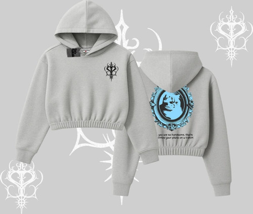Çerçeveli Kedi Baskılı Kapşonlu Crop Sweatshirt