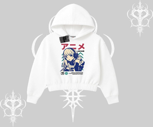 Kapşonlu Crop Sweatshirt Anime Kız Desenli Japon Tarzı