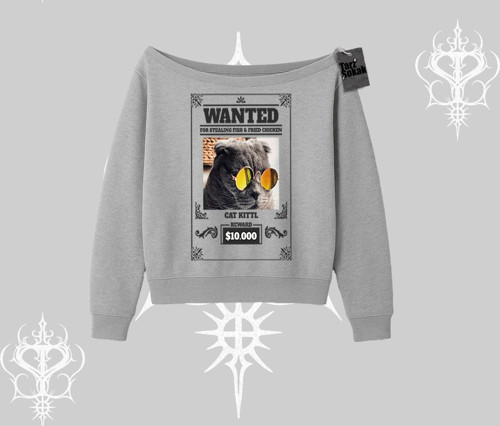 Wanted Temalı Kedi Baskılı Kayık Yaka Sweatshirt