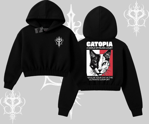 Modern Kedi Temalı Arka Baskılı Kapşonlu Crop Sweatshirt