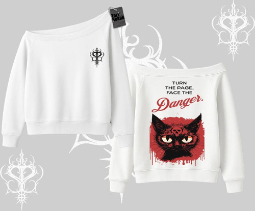 Gotik Kedi Arka Baskılı Kayık Yaka Sweatshirt
