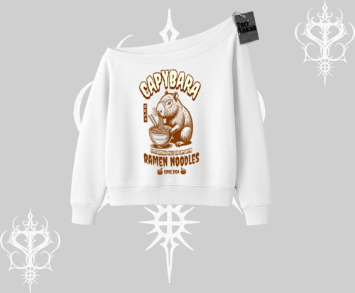 Kayık Yaka Sweatshirt Cute Capybara Enjoying Ramen Noodles Artwork