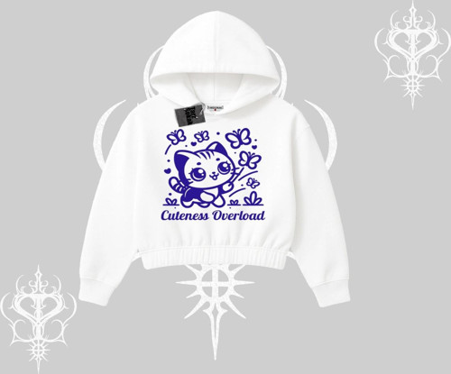 Cuteness Overload Kedi Baskılı Kapşonlu Crop Sweatshirt