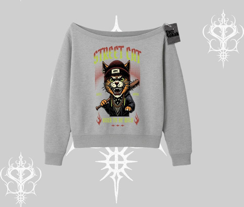 Street Cat Kedi Baskılı Kayık Yaka Sweatshirt