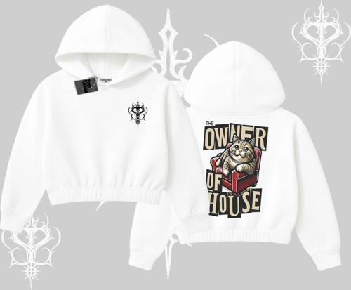 The Owner of House Kedi Arka Baskılı Kapşonlu Crop Sweatshirt
