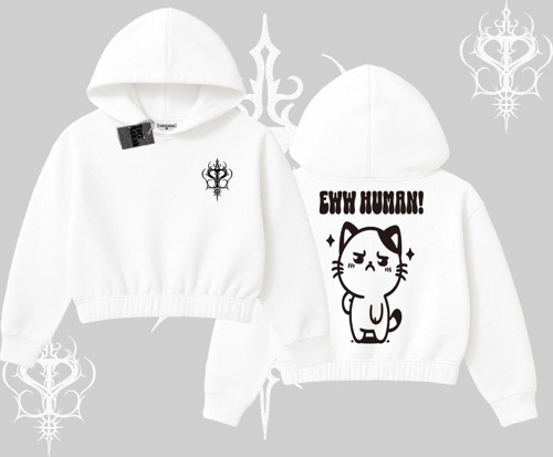 Sevimli Kedi Çizimli Arka Baskılı Kapşonlu Crop Sweatshirt