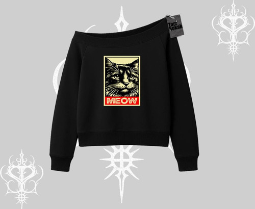 Meow Yazılı Kedi Portre Baskılı Kayık Yaka Sweatshirt