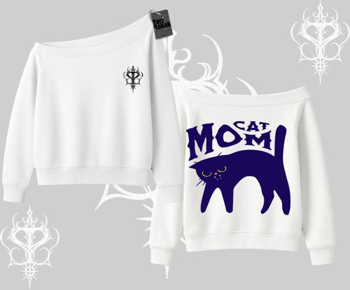 Cat Mom Yazılı Minimal Kedi Arka Baskılı Kayık Yaka Sweatshirt