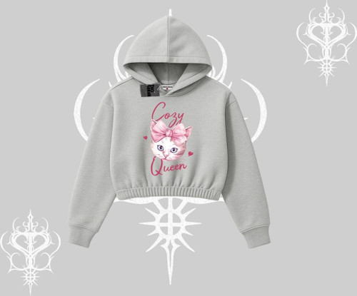 Cozy Queen Kedi Baskılı Kapşonlu Crop Sweatshirt