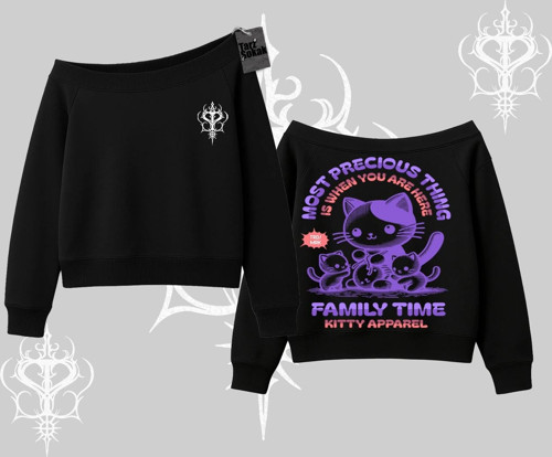 Family Time Yazılı Sevimli Anne Kedi Arka Baskılı Kayık Yaka Sweatshirt