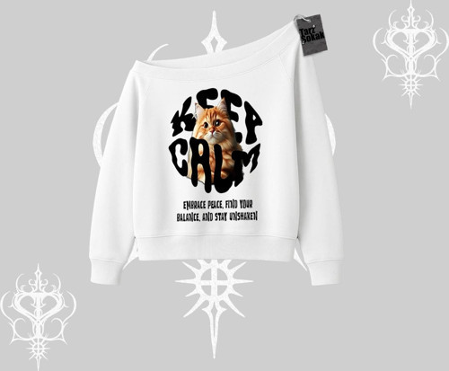 Keep Calm Yazılı Kedi Baskılı Streetwear Kayık Yaka Sweatshirt