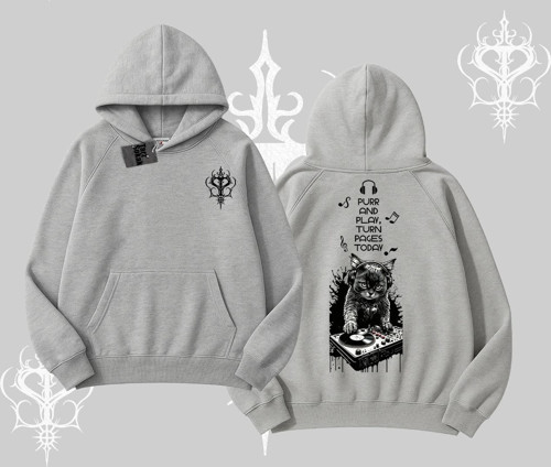 DJ Kedi Baskılı Müzik Temalı Kapşonlu Sweatshirt