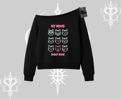 My Mood Right Now Yazılı Sevimli Kedi Kayık Yaka Sweatshirt