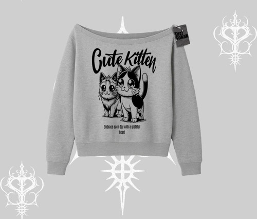 Cute Kitten Yazılı Sevimli Kedi Baskılı Kayık Yaka Sweatshirt