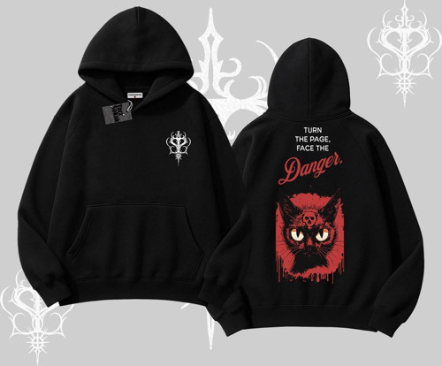 Gotik Kedi Arka Baskılı Kapşonlu Sweatshirt