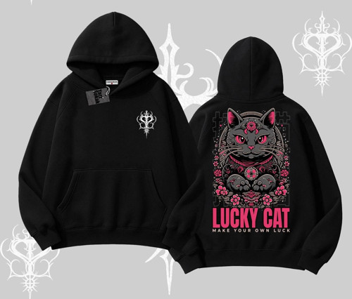 Lucky Cat Japon Tarzı Kedi Baskılı Kapşonlu Sweatshirt