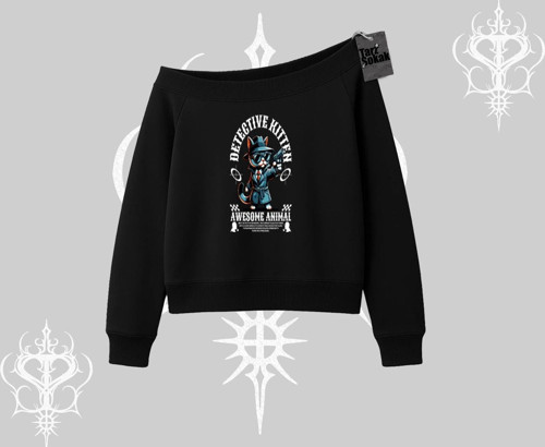 Detective Kitten Kedi Baskılı Kayık Yaka Sweatshirt