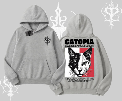 Modern Kedi Temalı Arka Baskılı Kapşonlu Sweatshirt