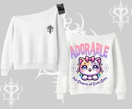 Adorable Kawaii Kedi Arka Baskılı Kayık Yaka Sweatshirt