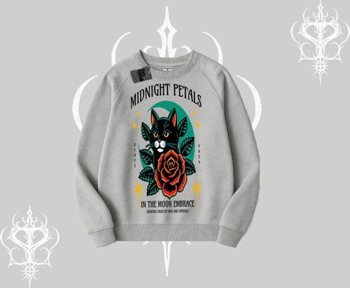 Midnight Petals Kedi Baskılı Biskilet Sweatshirt