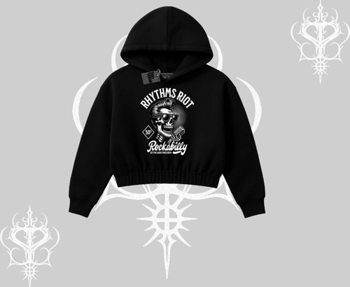 Kapşonlu Crop Sweatshirt Rhythms Riot Vintage Rockabilly Skull Street Aesthetic