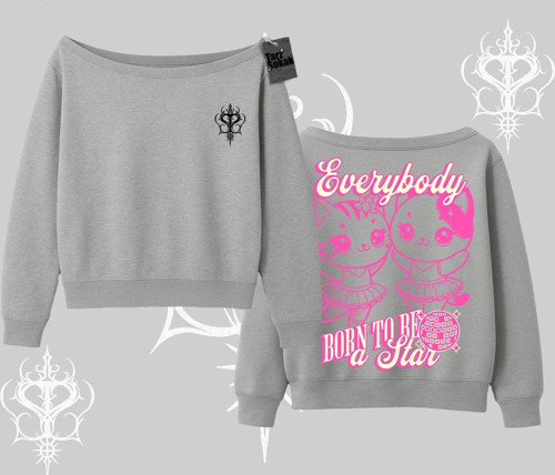 Born to Be a Star Yazılı Sevimli Kedi Arka Baskılı Kayık Yaka Sweatshirt