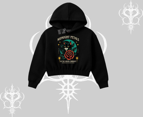 Midnight Petals Kedi Baskılı Kapşonlu Crop Sweatshirt