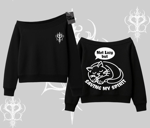 Not Lazy Saving My Spirit Kedi Baskılı Kayık Yaka Sweatshirt