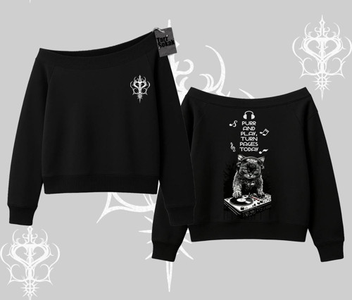 DJ Kedi Baskılı Müzik Temalı Kayık Yaka Sweatshirt