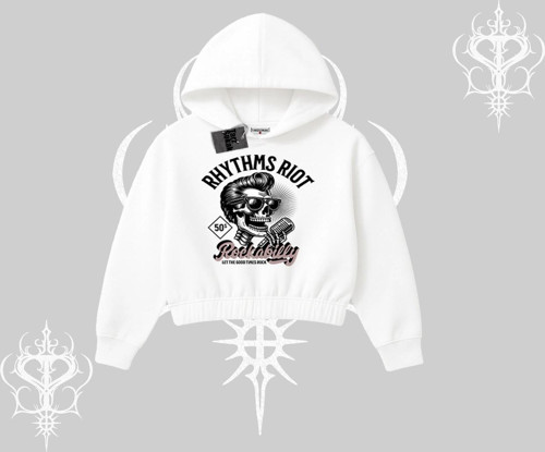 Kapşonlu Crop Sweatshirt Rhythms Riot Vintage Rockabilly Skull Street Aesthetic