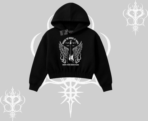 Kapşonlu Crop Sweatshirt Born to Rock Eternal Flame Legacy