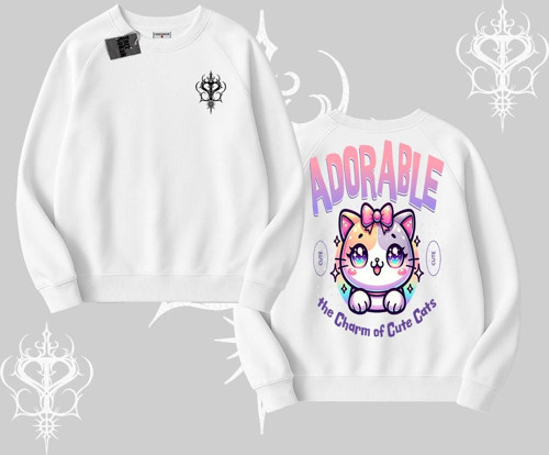 Adorable Kawaii Kedi Arka Baskılı Biskilet Sweatshirt