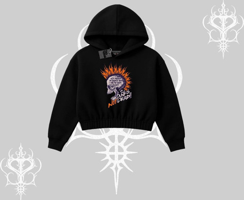 Kapşonlu Crop Sweatshirt Burning Skull Rebel Street Anthem