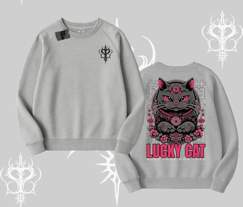 Lucky Cat Japon Tarzı Kedi Baskılı Biskilet Sweatshirt