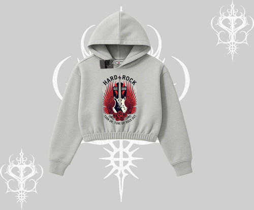 Kapşonlu Crop Sweatshirt Hard Rock Winged Guitar Rebellion