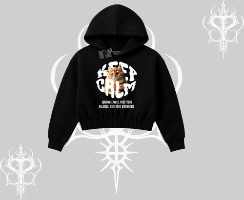 Keep Calm Yazılı Kedi Baskılı Streetwear Kapşonlu Crop Sweatshirt