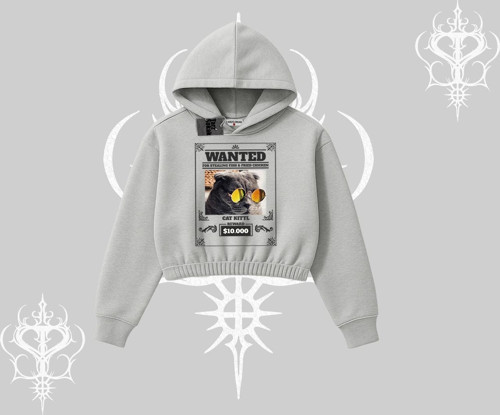 Wanted Temalı Kedi Baskılı Kapşonlu Crop Sweatshirt