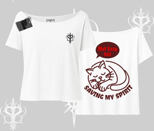 Not Lazy Saving My Spirit Kedi Baskılı Kayık Yaka Tshirt