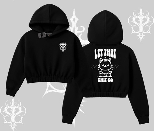 Meditasyon Yapan Kedi Baskılı Kapşonlu Crop Sweatshirt