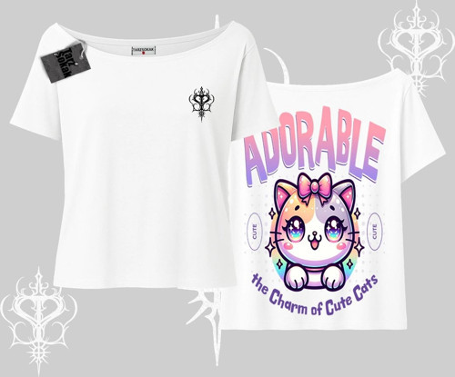 Adorable Kawaii Kedi Arka Baskılı Kayık Yaka Tshirt