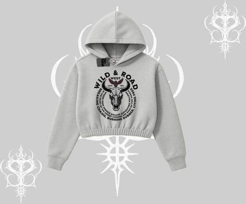 Kapşonlu Crop Sweatshirt Wild & Road Western Skull Biker Street Culture